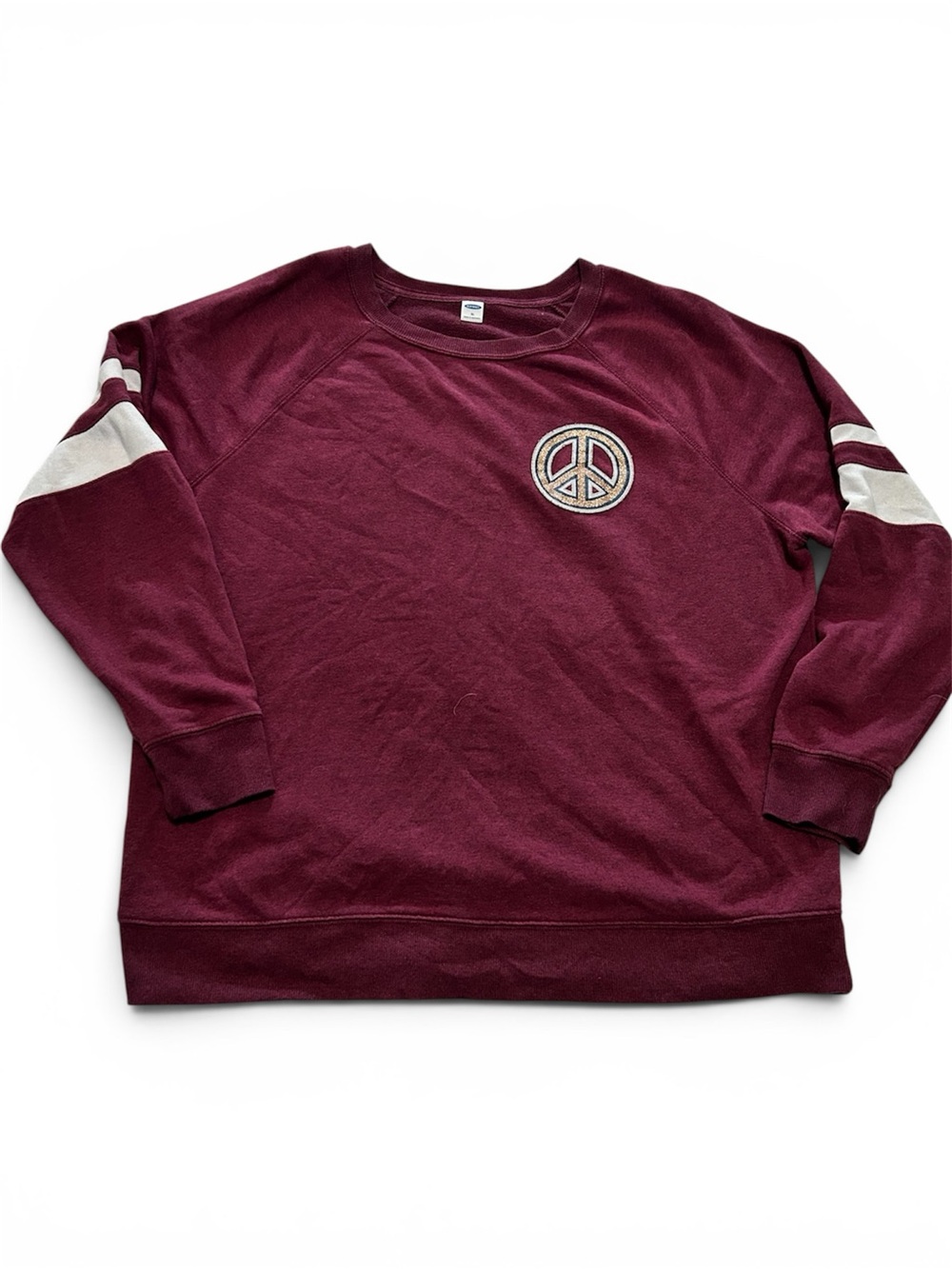 Old Navy Maroon Crewneck Sweatshirt with White Sleeve Stripes and Peace Patch